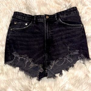 Zara High Waisted Black Denim Shorts Ragged Distressed Women’s Size 10